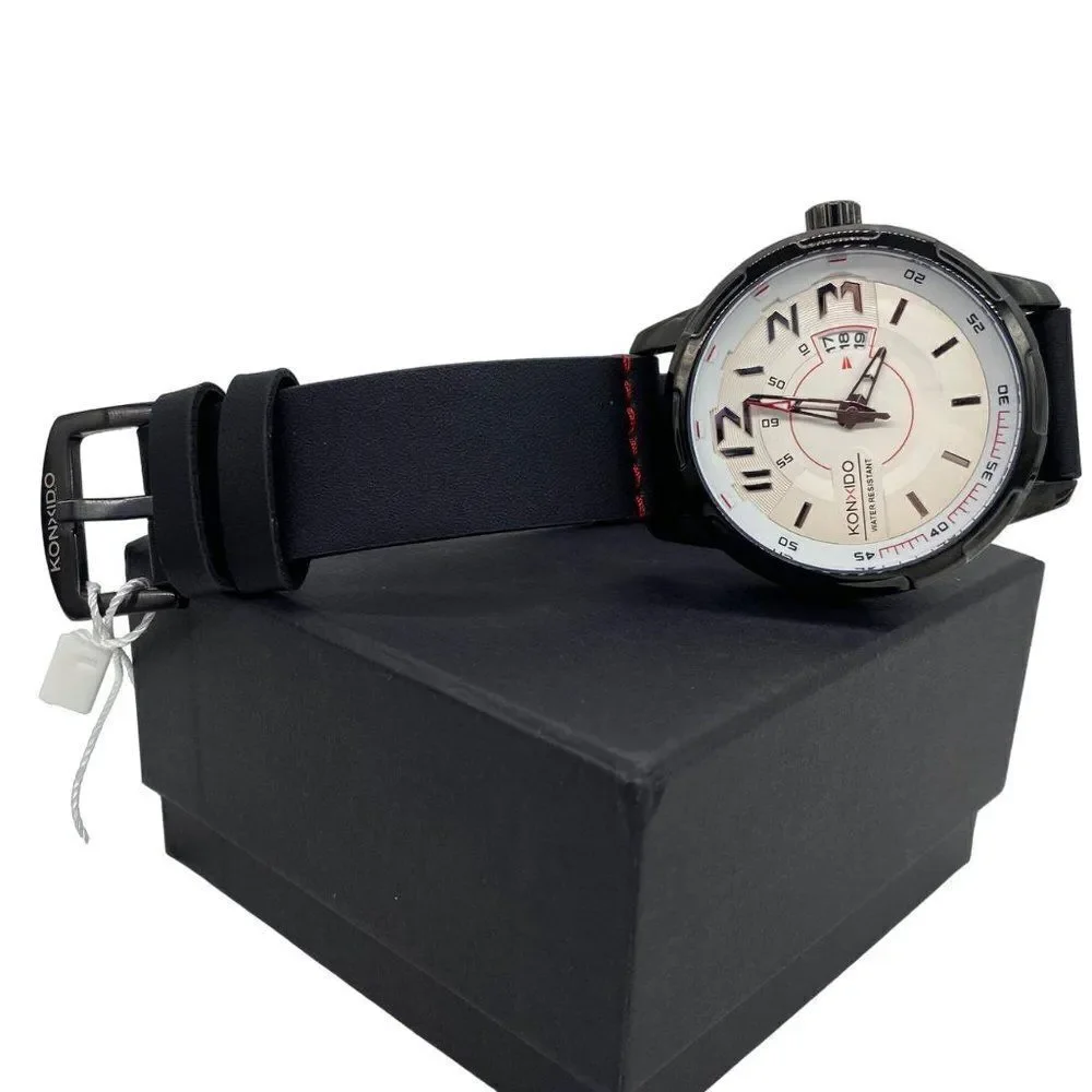 Konxido Men’s 50mm Stainless Steel Quartz Watch Black Leather Band New